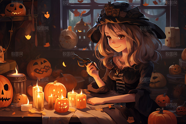 万圣节小魔女形象小巫女看书插画