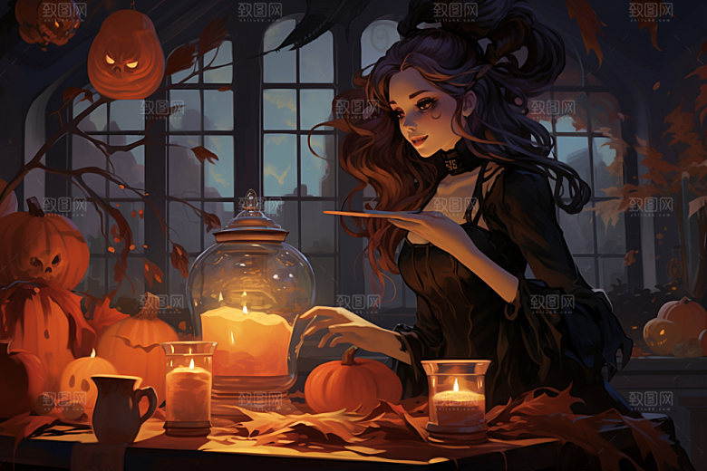 万圣节手绘少女小巫女看书插画