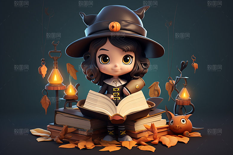 万圣节形象手绘小巫女看书插画