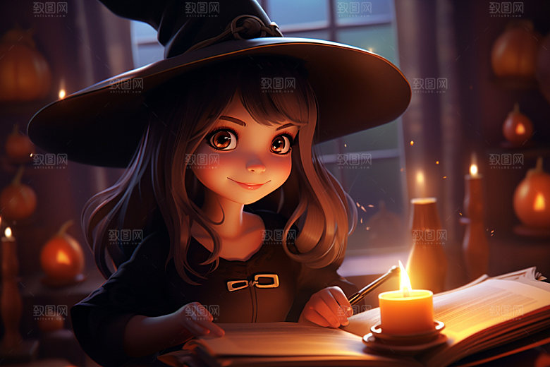 万圣节手绘卡通小巫女看书插画