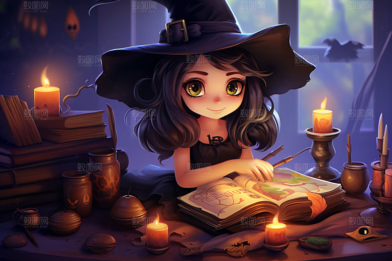 万圣节少女小魔女小巫女看书插画