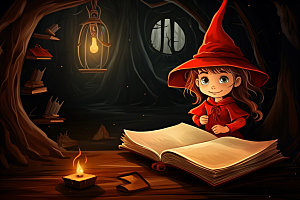 万圣节魔法书少女小巫女看书插画