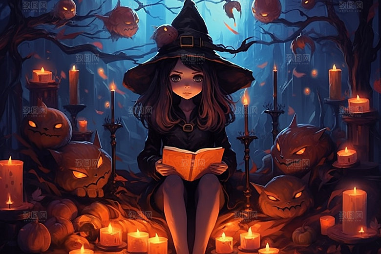 万圣节魔法书手绘小巫女看书插画