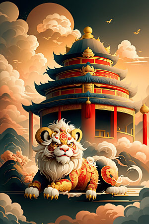 醒狮中式手绘插画