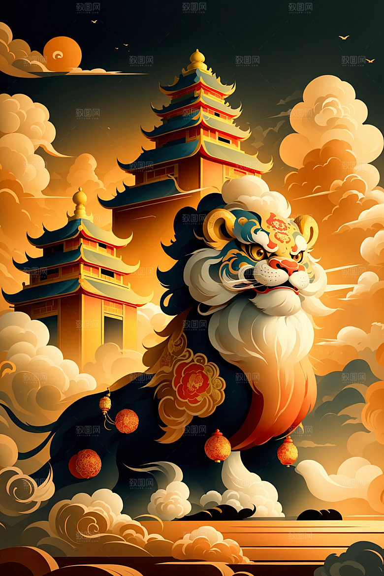 醒狮手绘舞狮插画