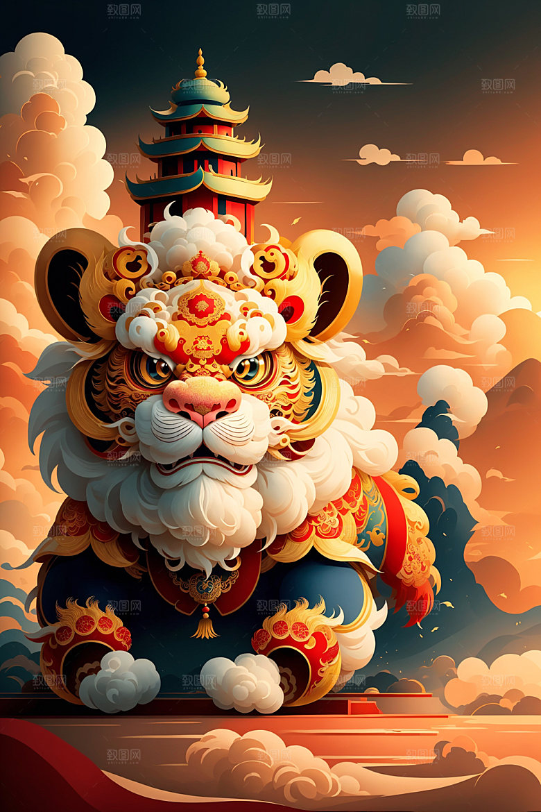 醒狮狮子艺术插画