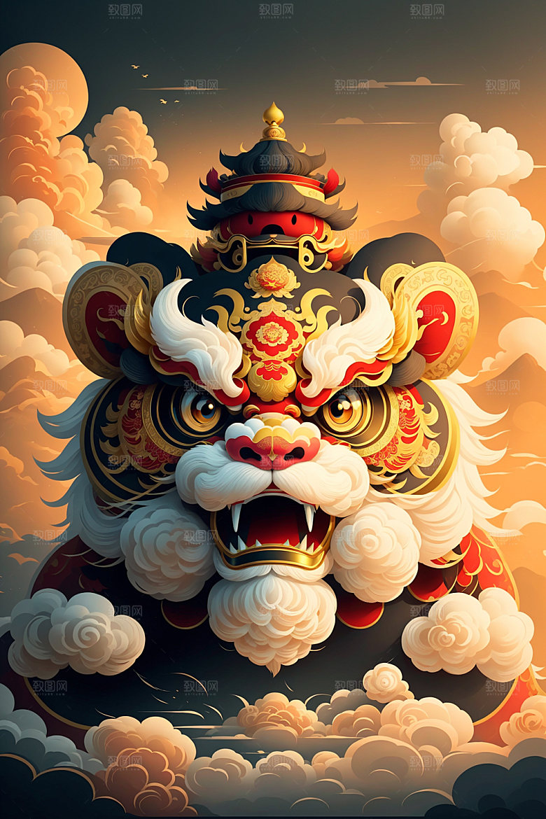 醒狮舞狮狮子插画