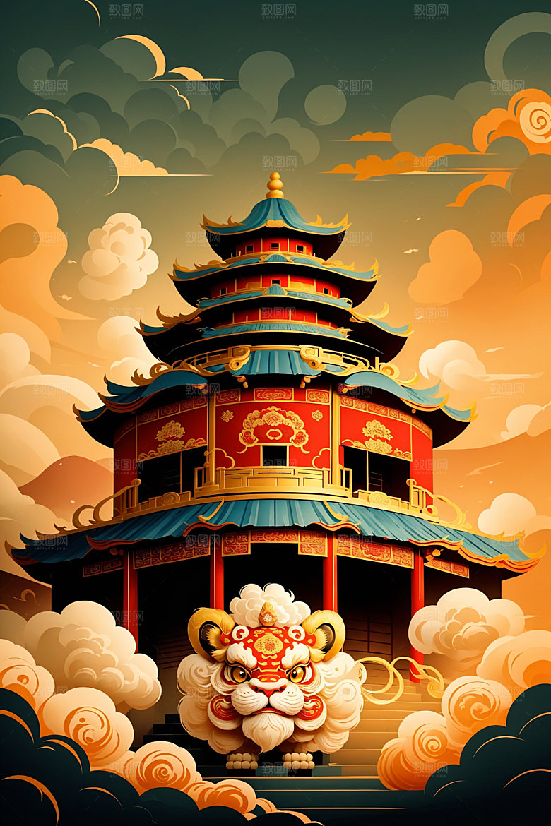 醒狮手绘狮子插画