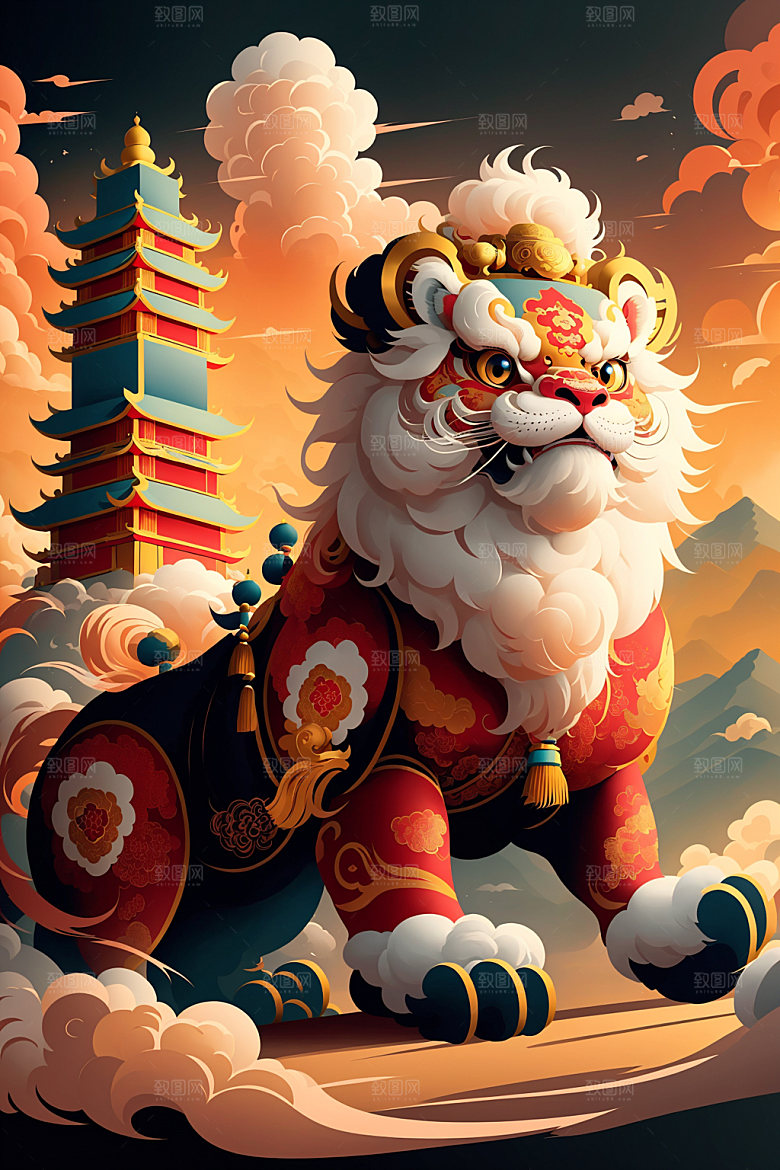 醒狮舞狮中国风插画