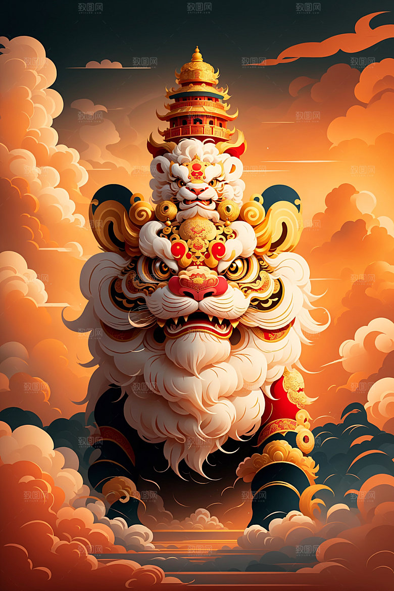 醒狮舞狮中式插画