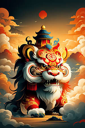 醒狮舞狮中国风插画