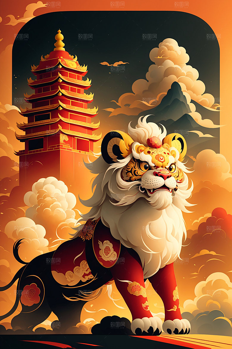 醒狮中国风传统文化插画
