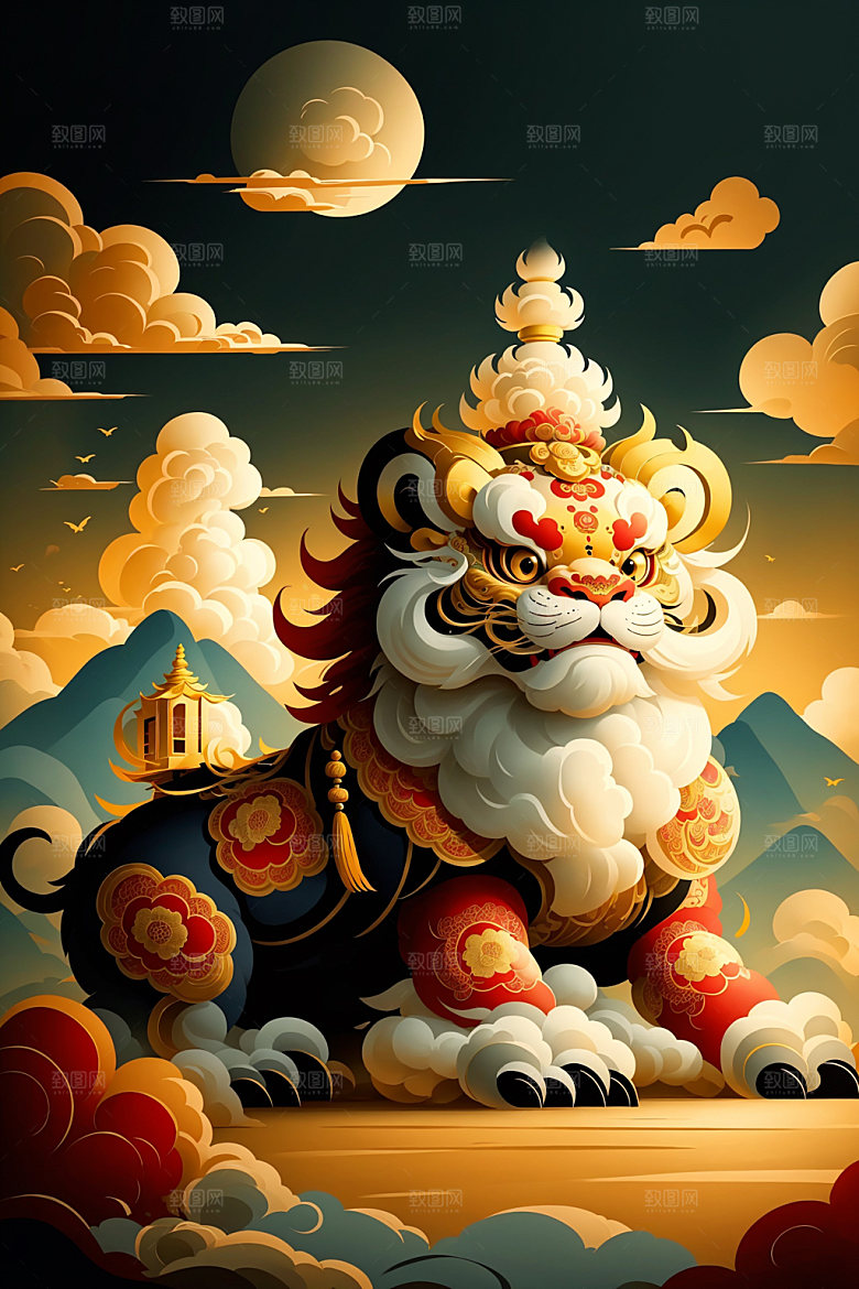 醒狮手绘中式插画
