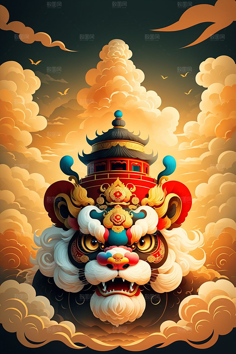 醒狮舞狮艺术插画