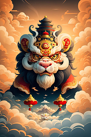 醒狮传统文化中式插画