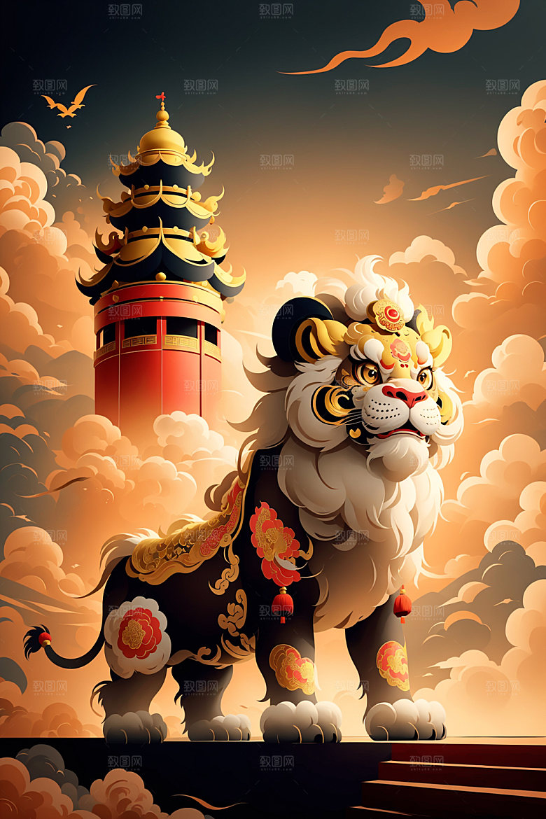 醒狮狮子中国风插画