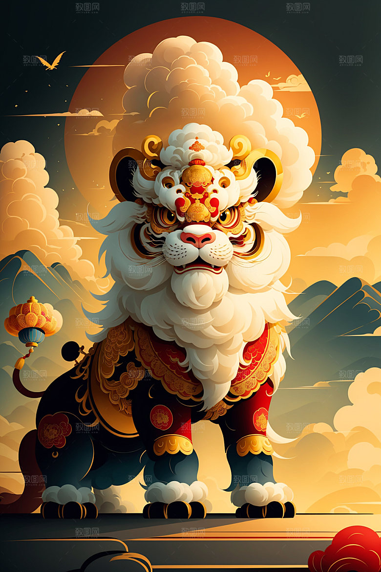 醒狮传统文化舞狮插画