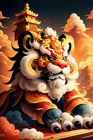 醒狮中国风手绘插画