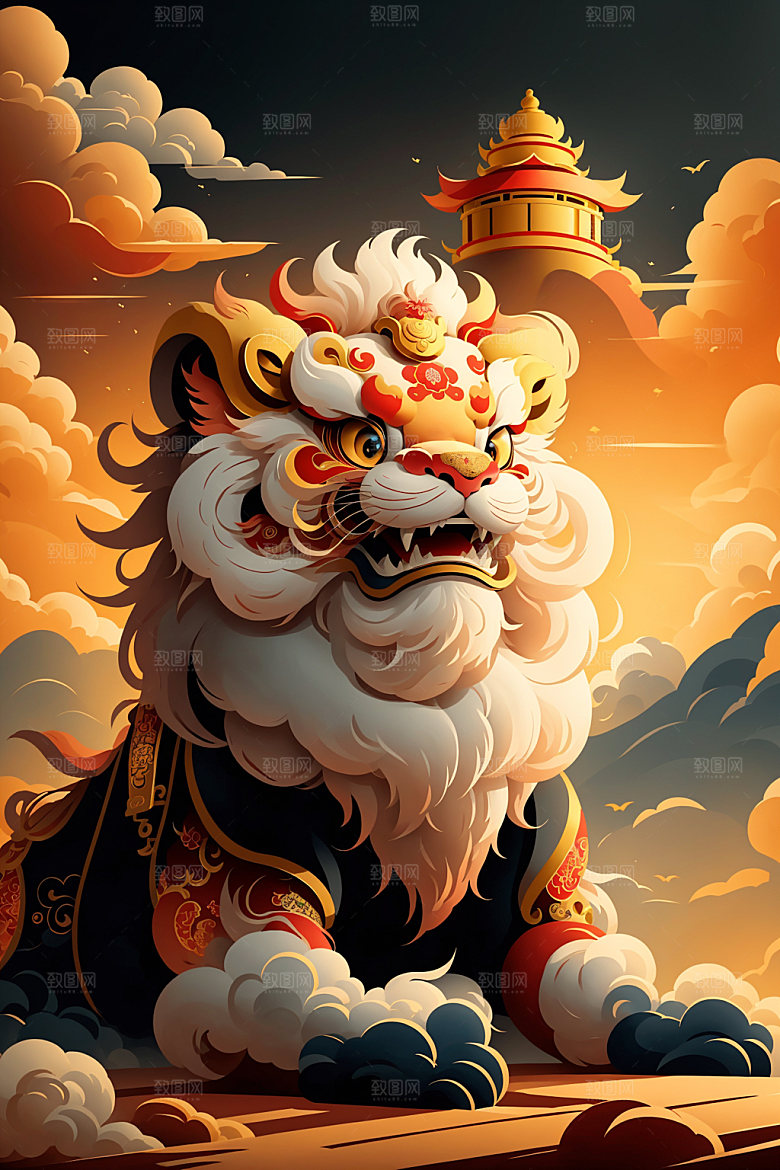 醒狮中国风舞狮插画