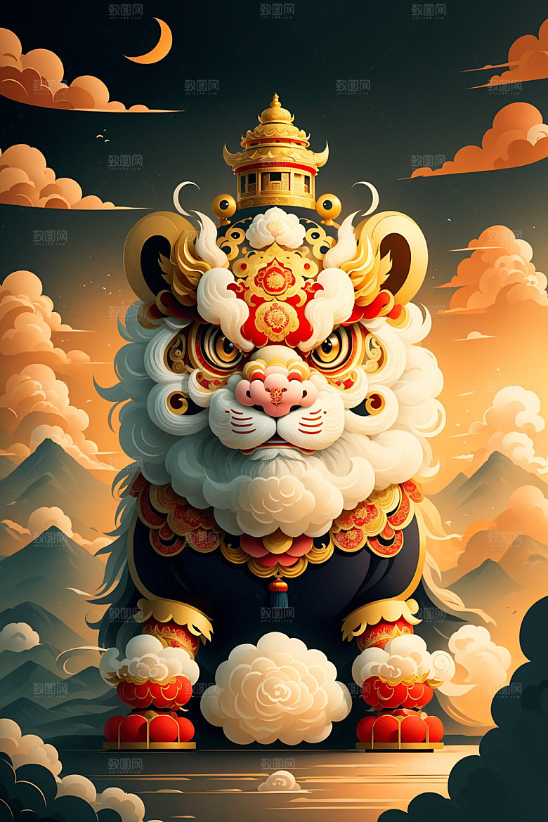醒狮狮子舞狮插画