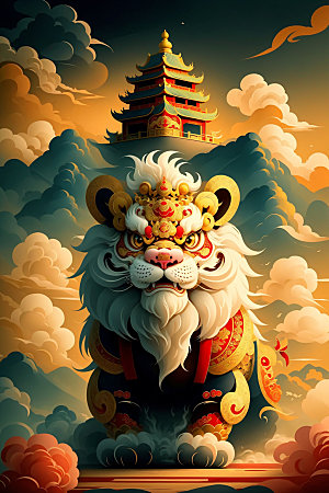 醒狮中式舞狮插画