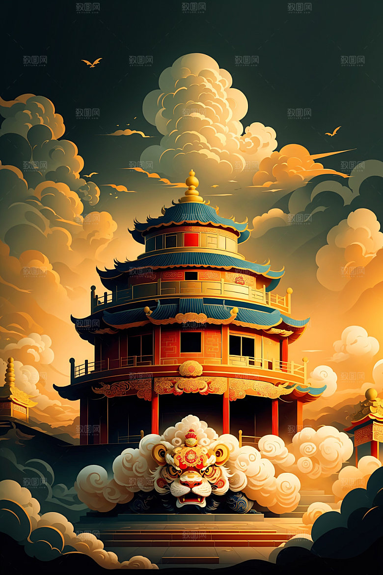 醒狮舞狮中国风插画