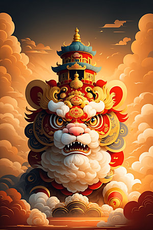 醒狮狮子中国风插画