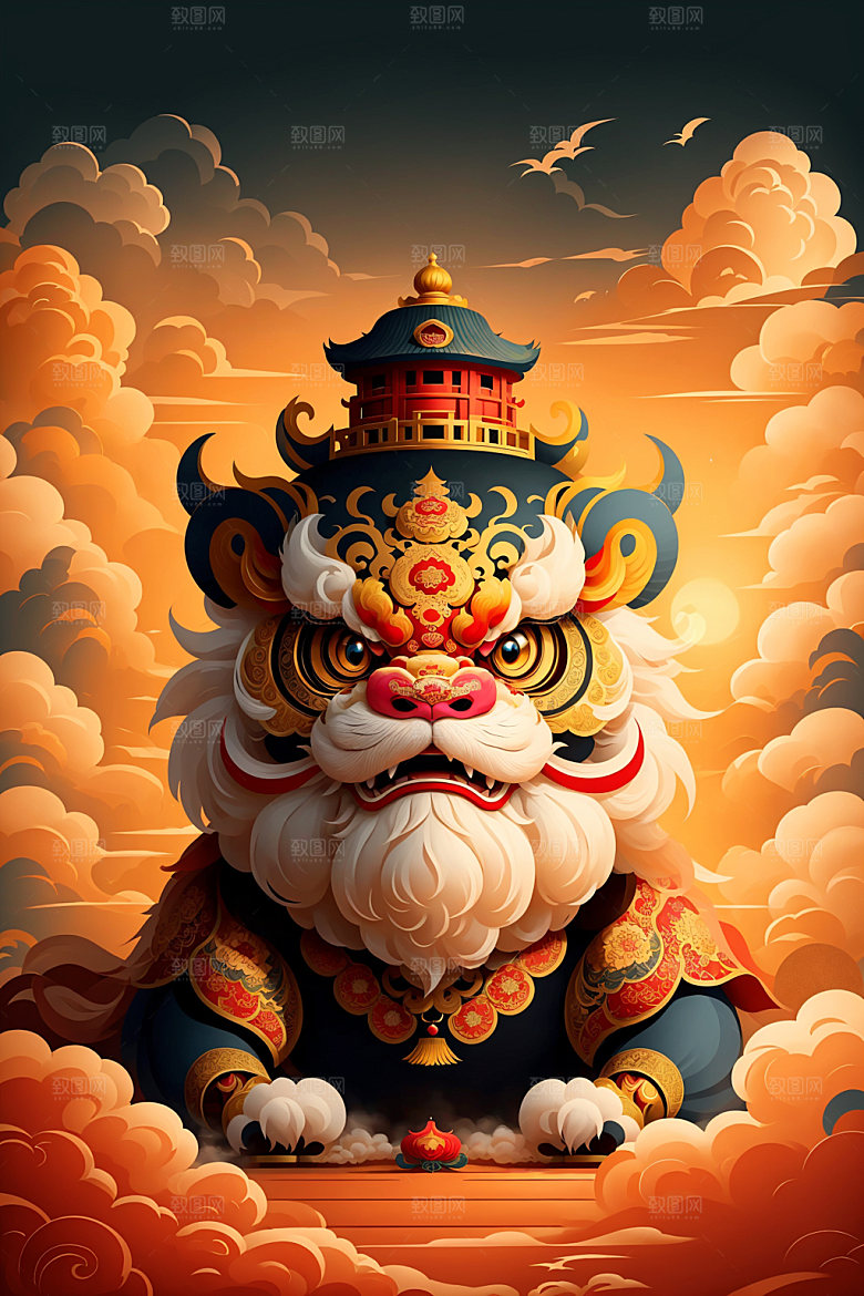 醒狮手绘狮子插画