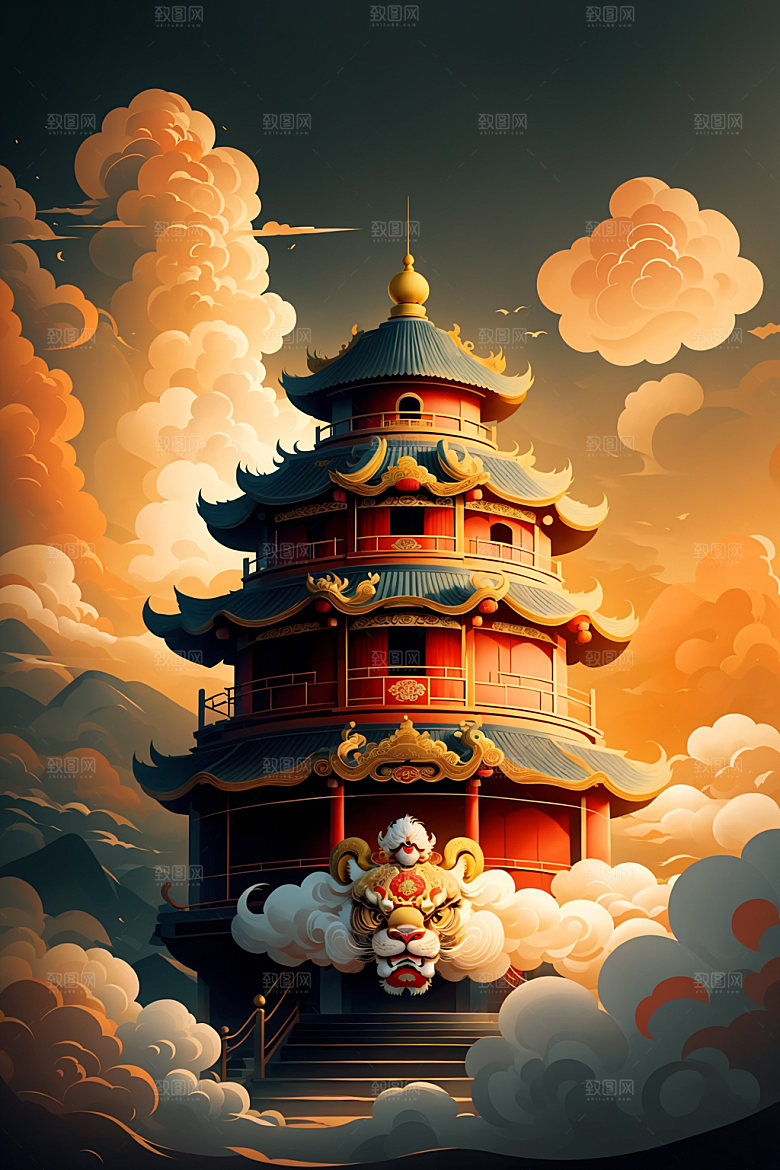 醒狮舞狮狮子插画