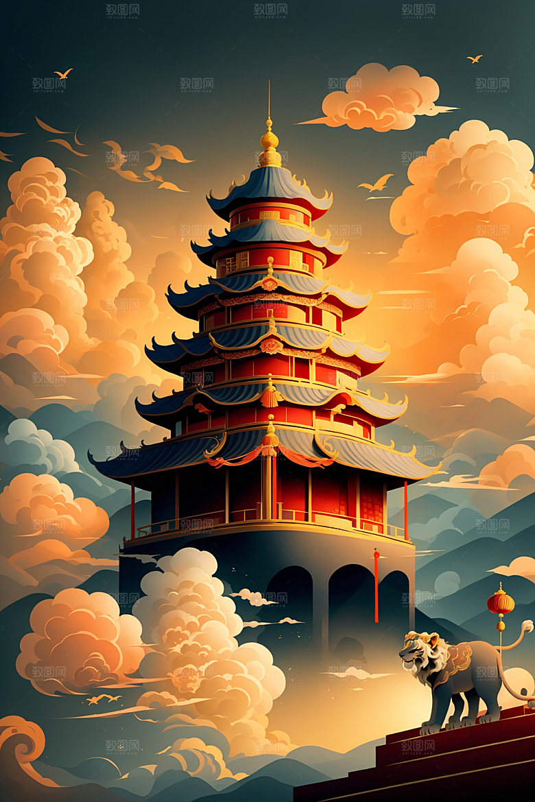 醒狮传统文化艺术插画