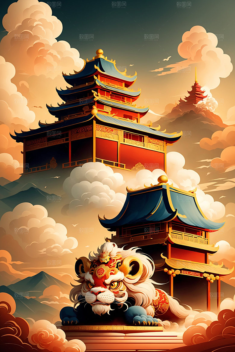 醒狮狮子手绘插画