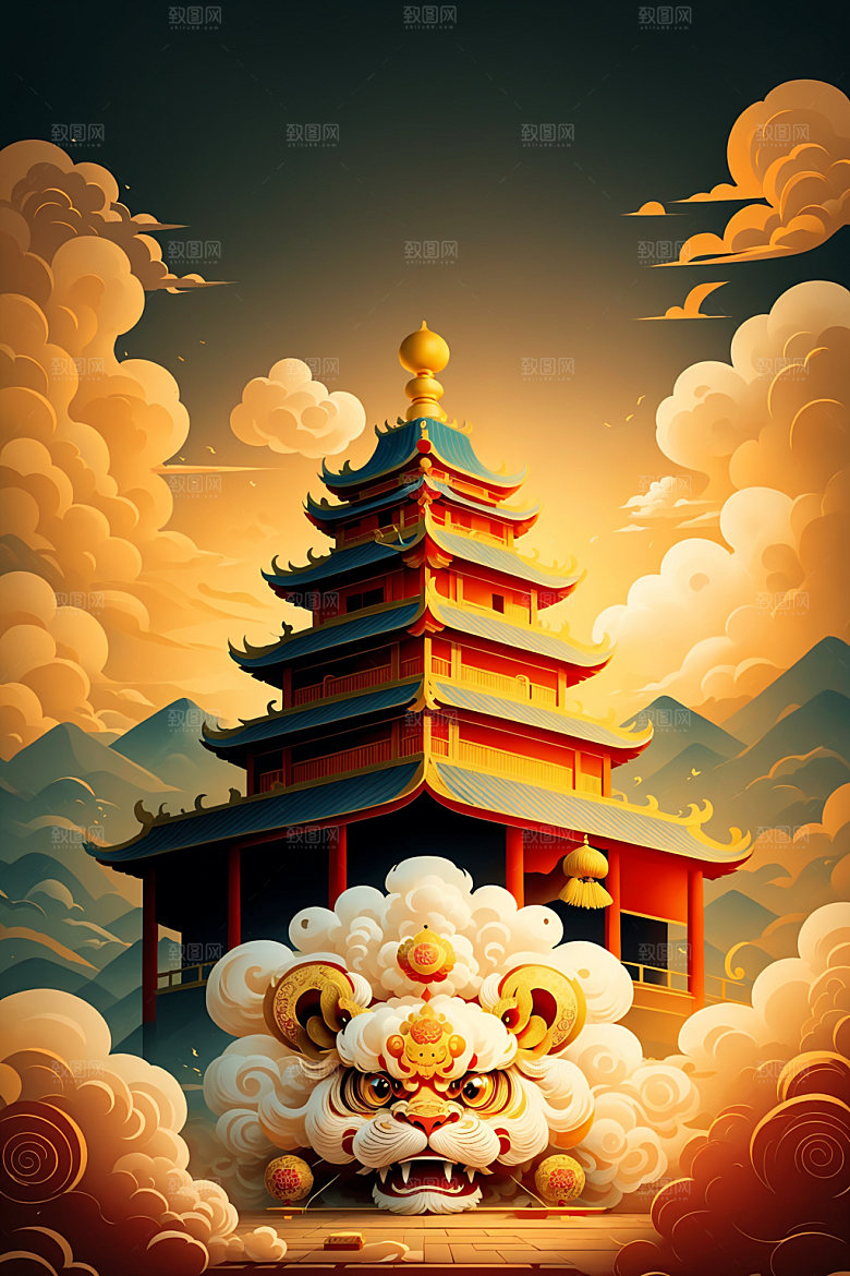 醒狮舞狮传统文化插画