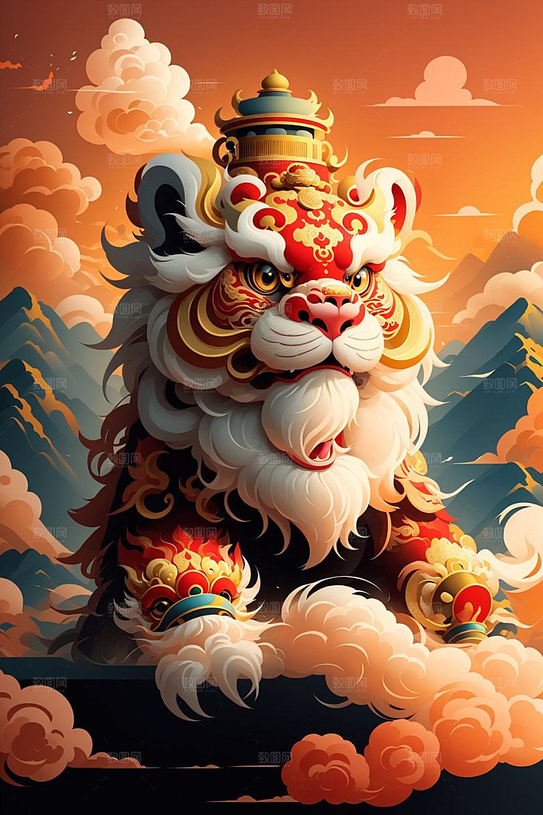 醒狮舞狮中国风插画