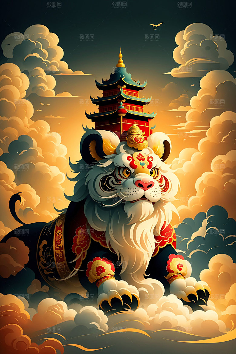 醒狮狮子舞狮插画