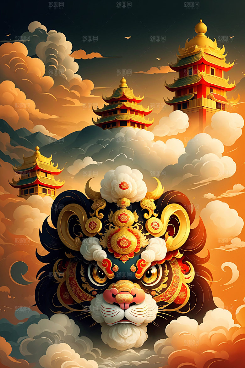 醒狮传统文化艺术插画