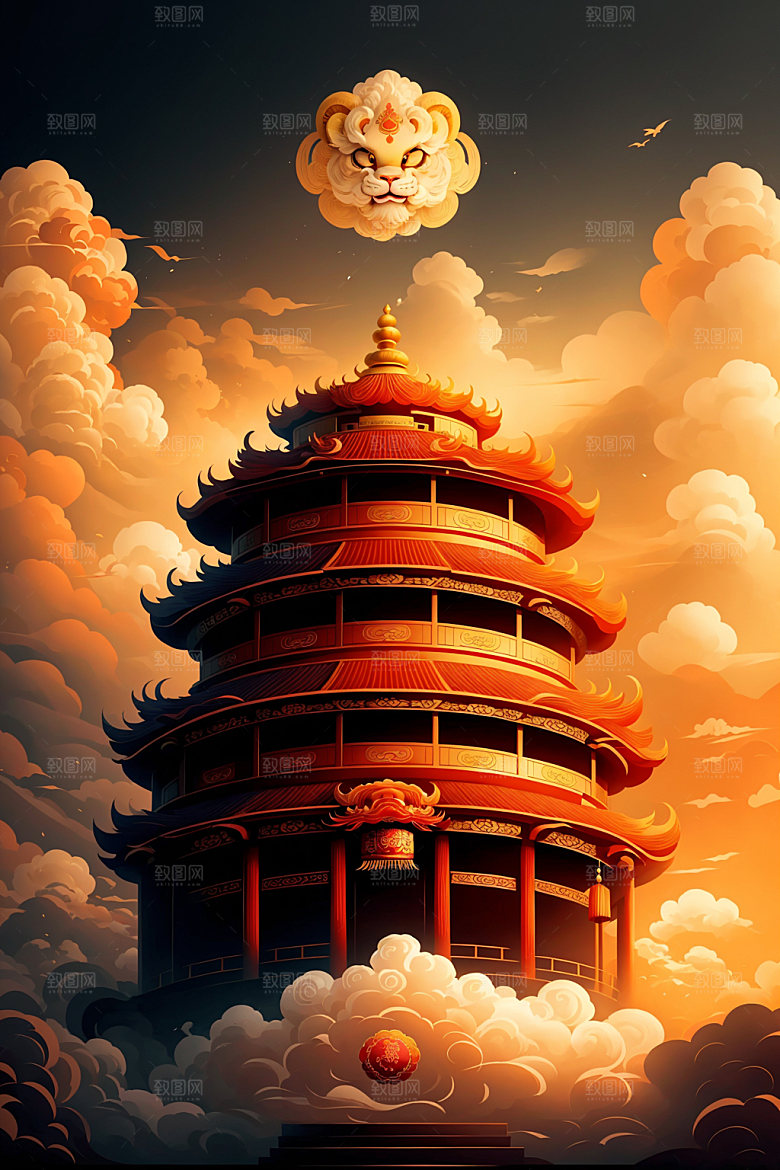 醒狮舞狮中式插画