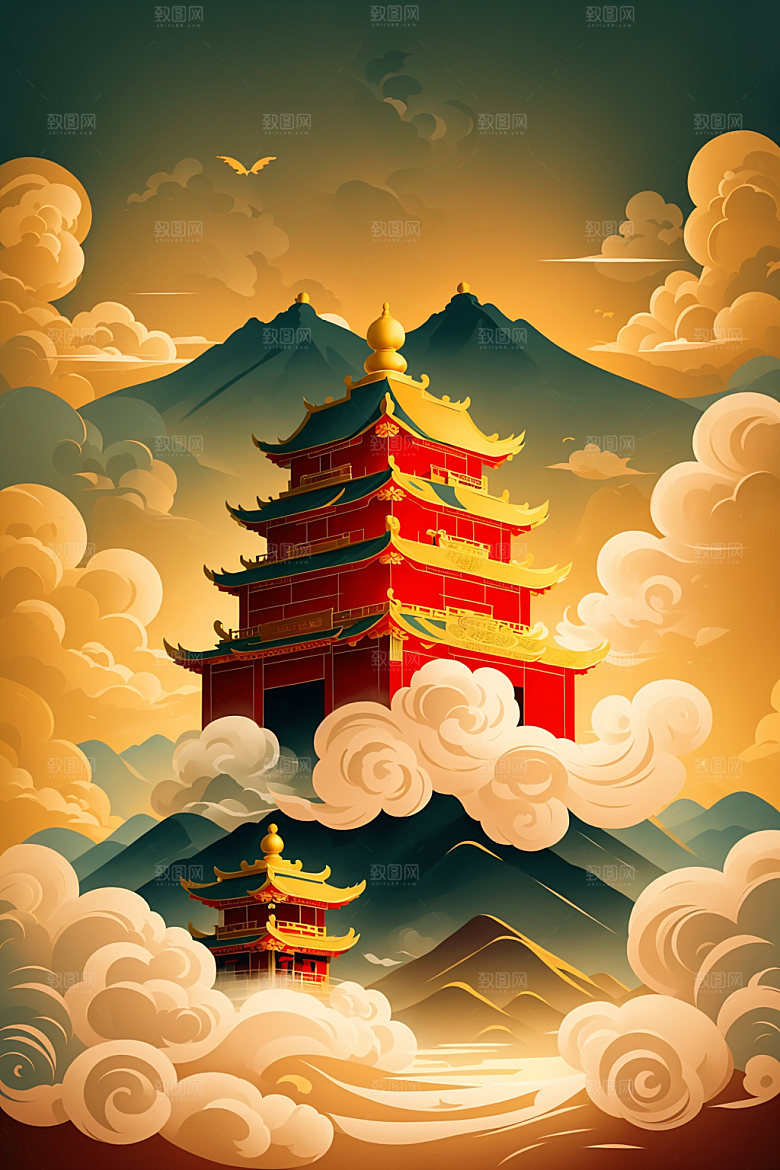 醒狮狮子中国风插画