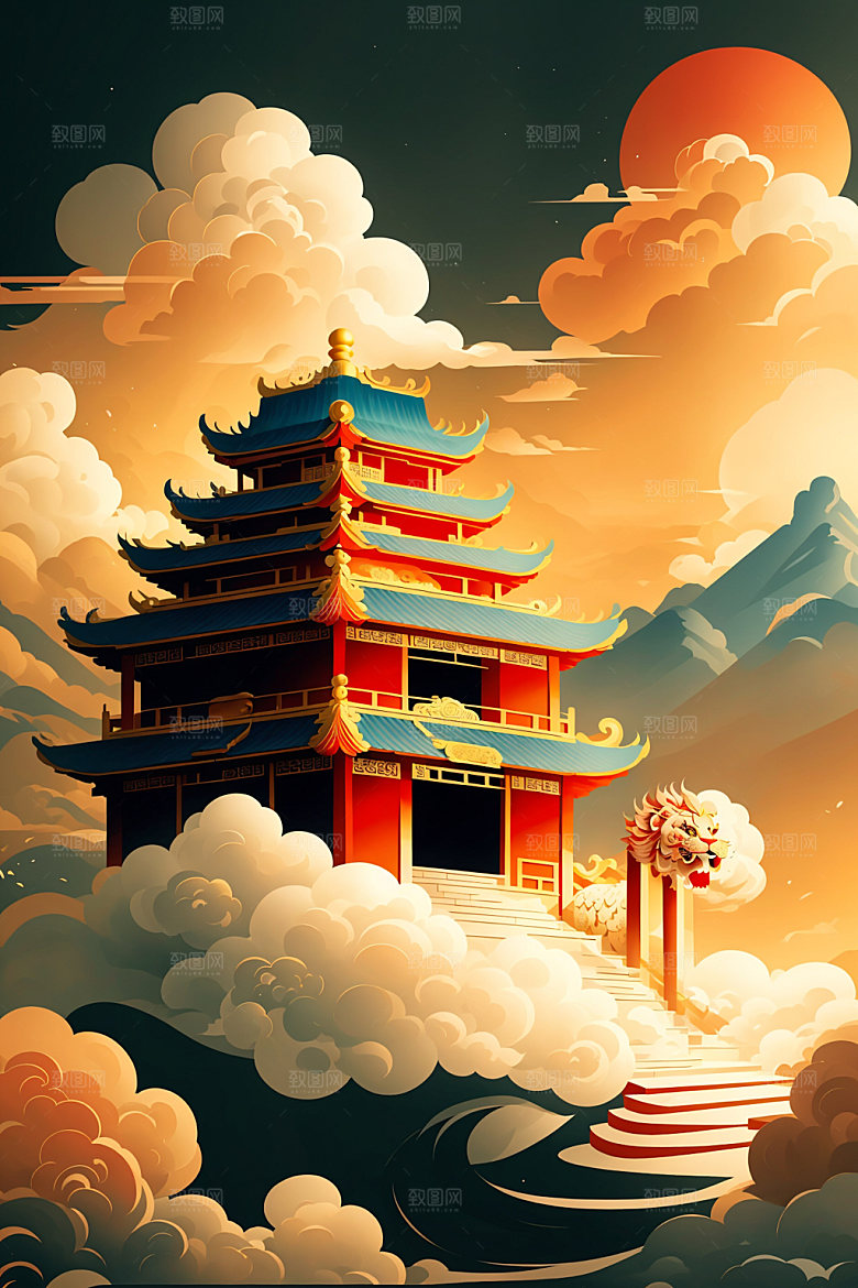 醒狮传统文化舞狮插画