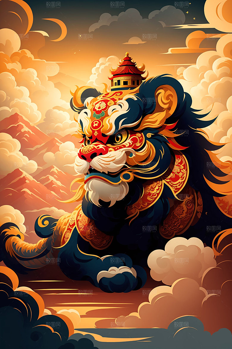醒狮手绘狮子插画