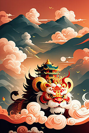 醒狮中国风舞狮插画