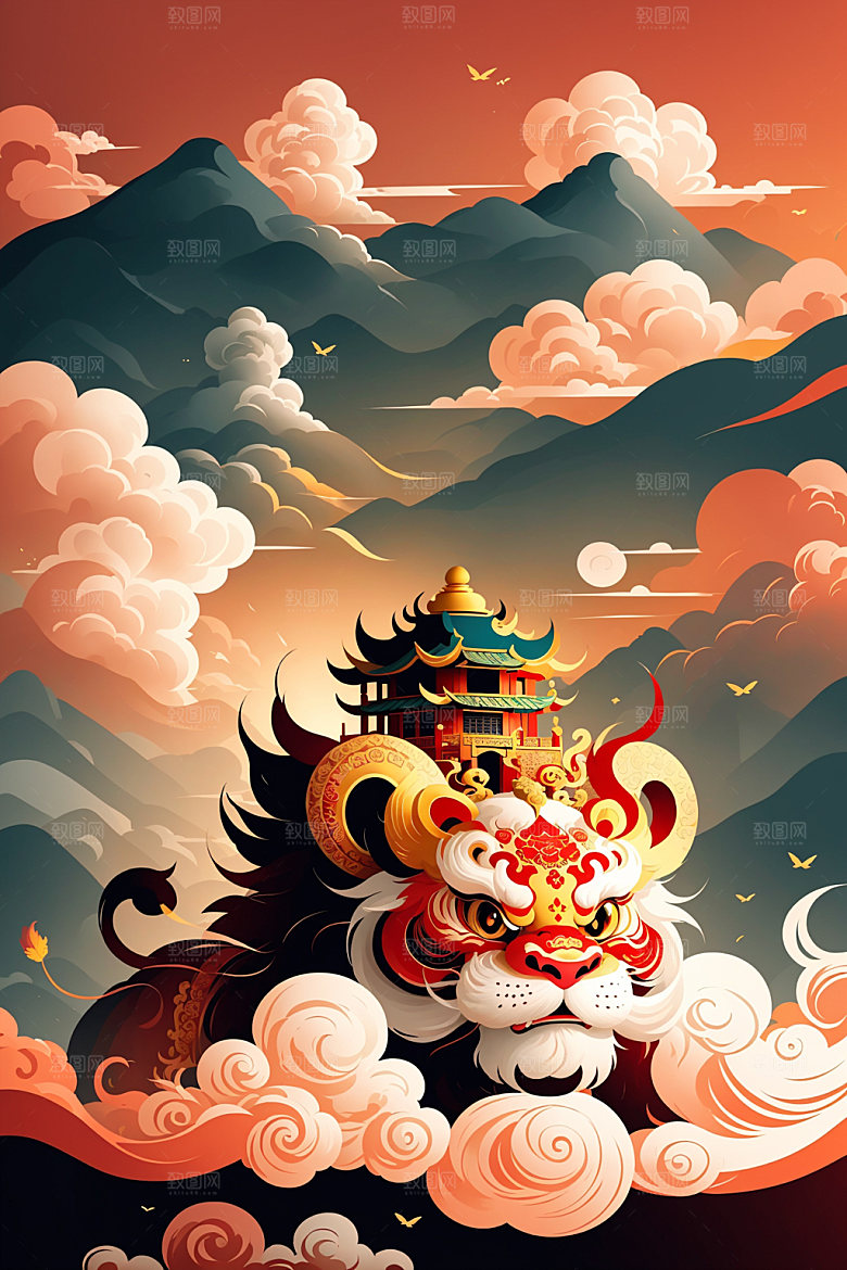 醒狮中国风舞狮插画