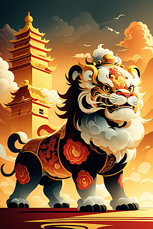 醒狮传统文化中式插画