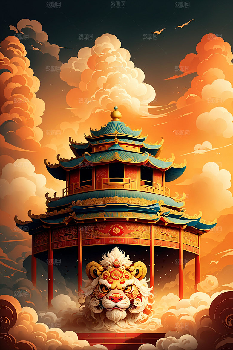 醒狮中式手绘插画