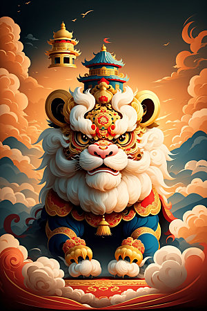 醒狮传统文化艺术插画