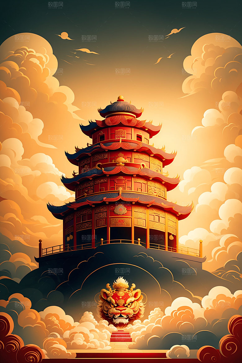 醒狮手绘传统文化插画