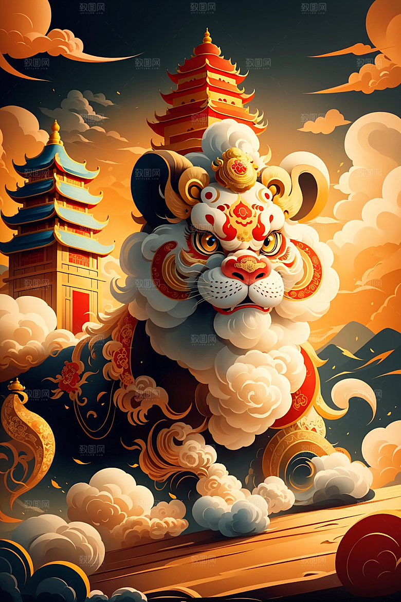 醒狮中国风传统文化插画