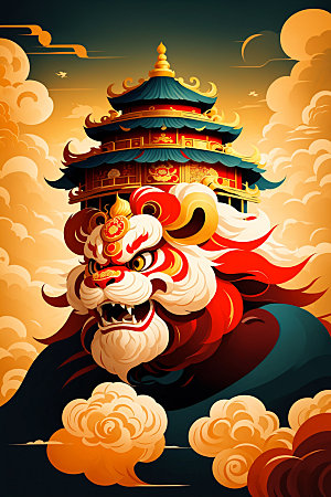 醒狮中式艺术插画