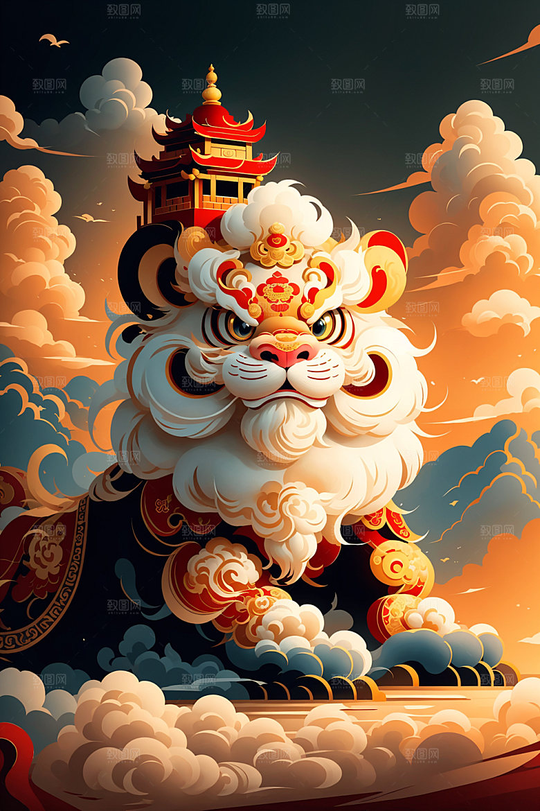 醒狮艺术中式插画