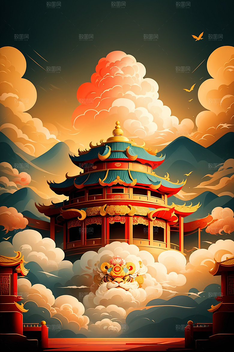 醒狮舞狮中式插画