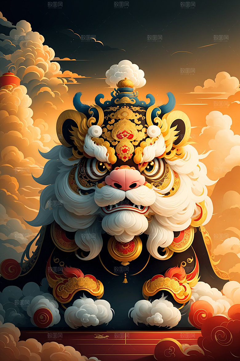 醒狮舞狮中式插画